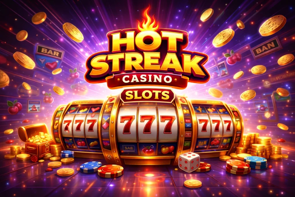 Hot Streak Casino Slots promotional banner featuring branded slot machines, spinning reels, jackpot symbols, and immersive online slot gameplay visuals