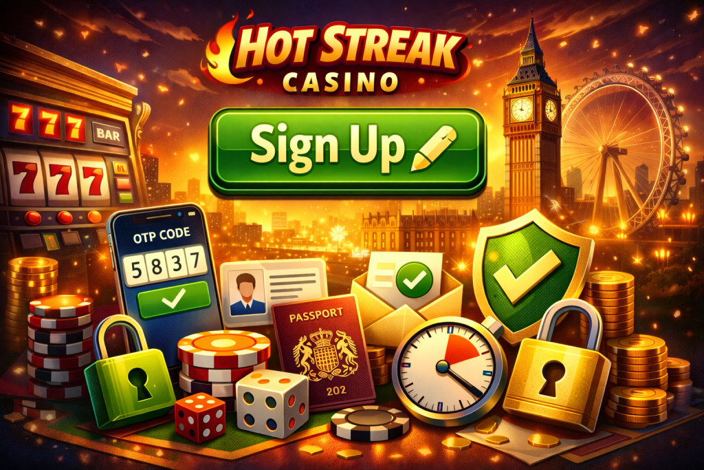 Hot Streak Casino sign up banner showing account registration interface on mobile and desktop with secure access design